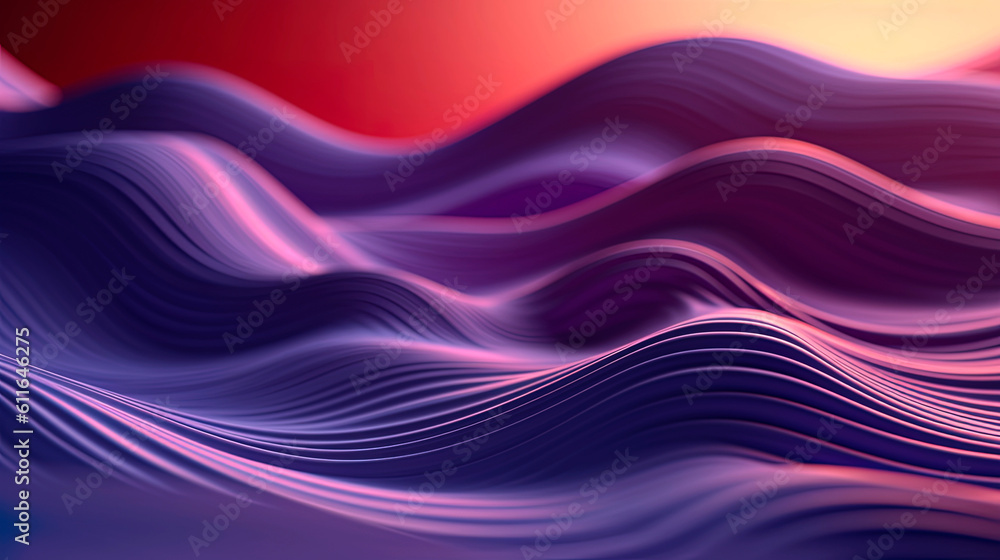 3D render design of smooth purple waves at sunset. Generative AI. 3D render design of smooth purple waves at sunset. Generative AI.