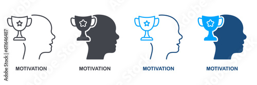 Human Head and Trophy Cup, Success Achievement Pictogram. Motivation in Sport Silhouette and Line Icon Set. Motivating, Incentive to Development Symbol Collection. Isolated Vector Illustration