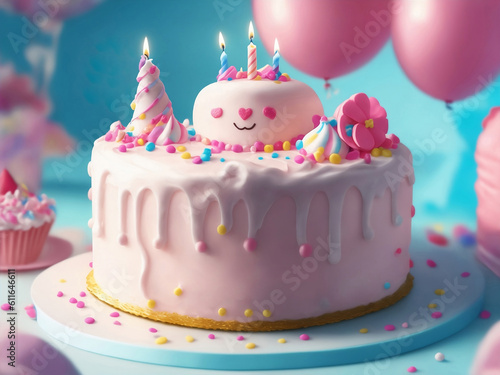 A cute happy birthday cake, Generative AI Illustration.