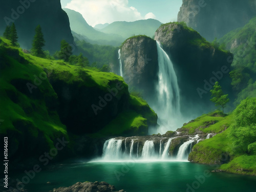 Moutain with waterfall green nature  Generative AI Illustration.
