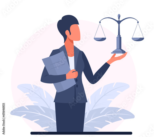 A business woman in a suit lawyer, attorney, judge, notary holds scales. The concept court and justice, legal services of a lawyer, notary. Vector illustration.