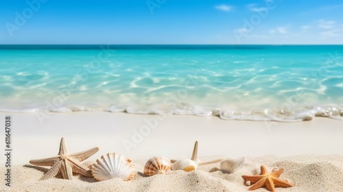 Summer beach with strafish and shells in the white sand, Generative AI