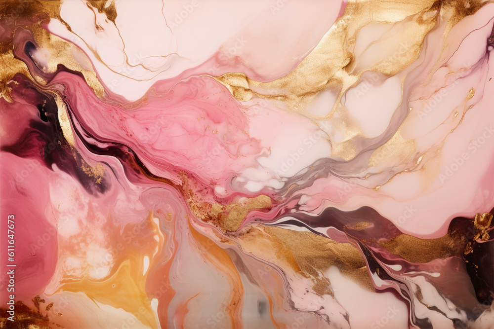 Abstract pink, purple, white and gold alcohol ink art background. Generative AI illustration
