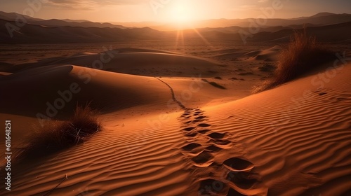 Landscape of a hot desert with sandy wave and a trail in the evening good for concept. Generative AI technology.