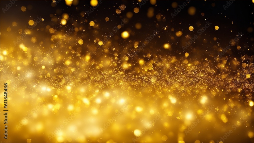 Abstract luxury swirling gold background with gold particle. Christmas Golden light shine particles bokeh on dark background. Gold foil texture. Holiday concept, generative ai - obrazy, fototapety, plakaty 