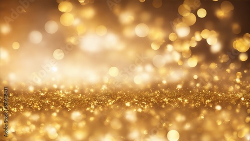 Abstract luxury swirling gold background with gold particle. Christmas Golden light shine particles bokeh on dark background. Gold foil texture. Holiday concept, generative ai
