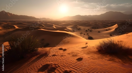Landscape of a hot desert with sandy wave in the evening. Generative AI technology.