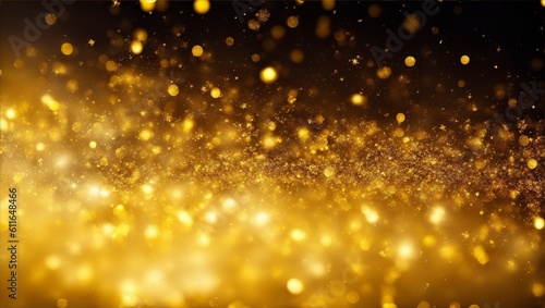 Abstract luxury swirling gold background with gold particle. Christmas Golden light shine particles bokeh on dark background. Gold foil texture. Holiday concept, generative ai