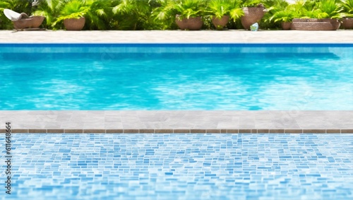 Empty ceramic mosaic table top and blurred swimming pool in tropical resort in summer banner background  for display or montage your products  generative ai