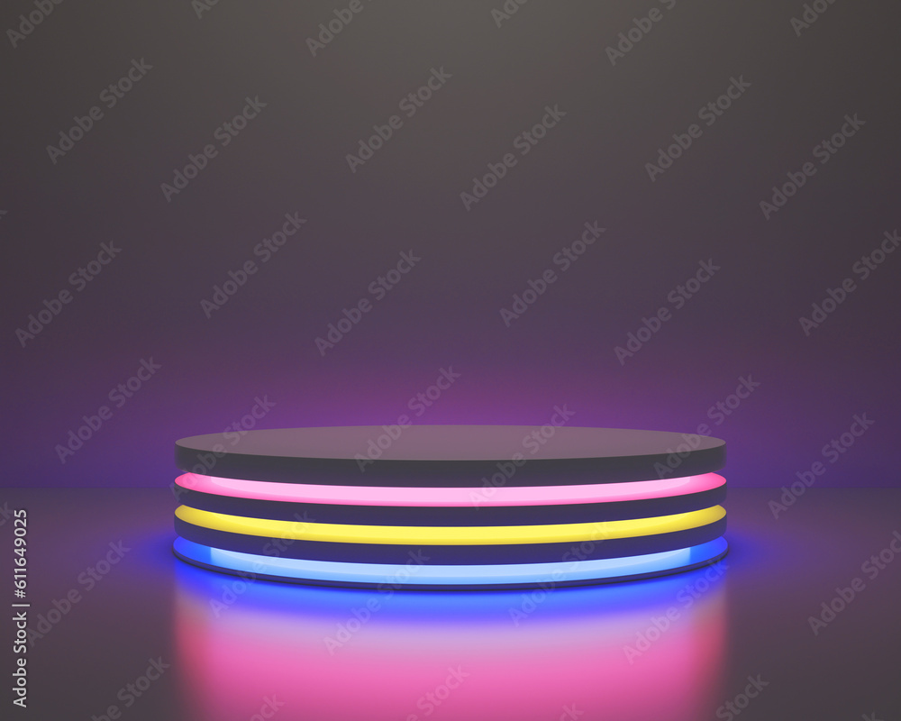 3d Illustration Blank Podium mockup with pink yellow blue neon light 3d Illustration Blank Podium mockup with pink yellow blue neon light