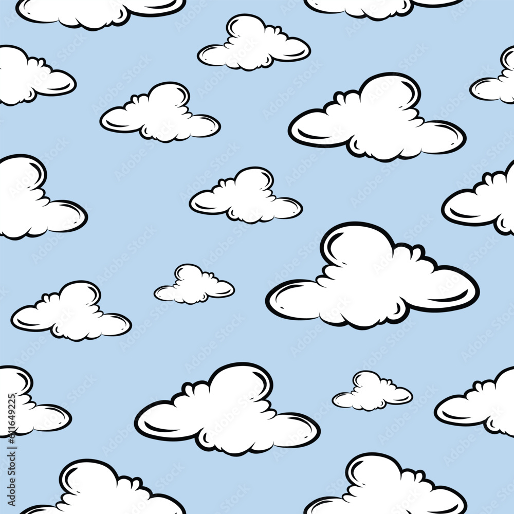 Vector Hand Drawn Style Clouds Seamless Pattern on Blue Background