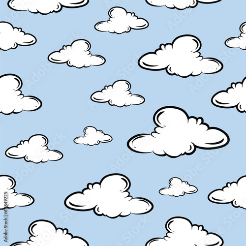 Vector Hand Drawn Style Clouds Seamless Pattern on Blue Background. Clouds collection flat style. Printable Repeatable Cartoon Clouds Texture Outline Style Clouds illustrations. Vintage Texture