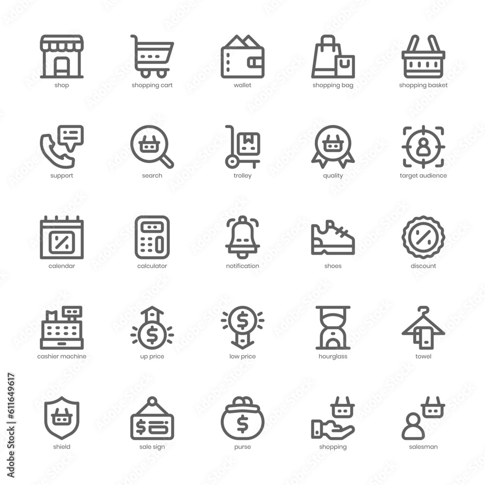 Sale and Shopping Icon pack for your website design, logo, app, and user interface. Sale and Shopping Icon outline design. Vector graphics illustration and editable stroke.