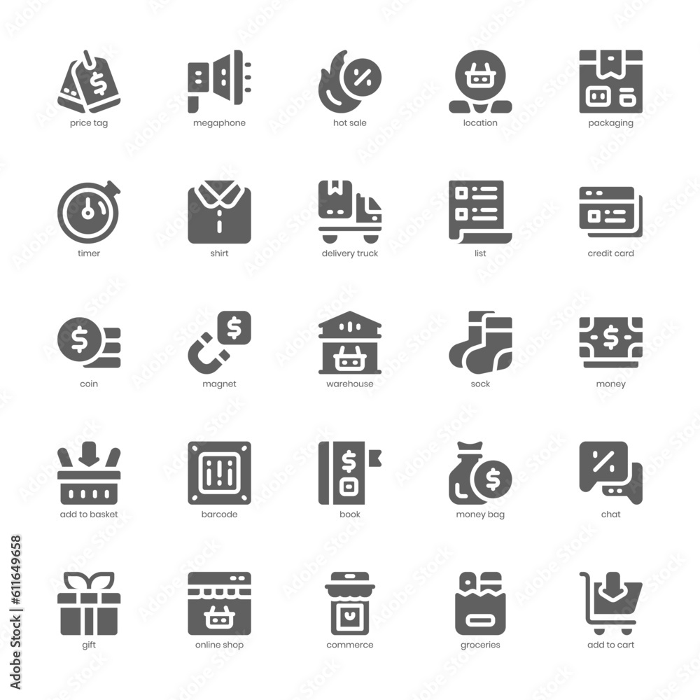 Sale and Shopping Icon pack for your website design, logo, app, and user interface. Sale and Shopping Icon glyph design. Vector graphics illustration and editable stroke.