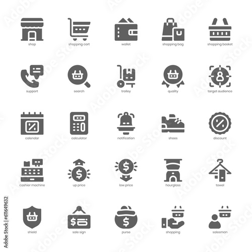 Sale and Shopping Icon pack for your website design, logo, app, and user interface. Sale and Shopping Icon glyph design. Vector graphics illustration and editable stroke.