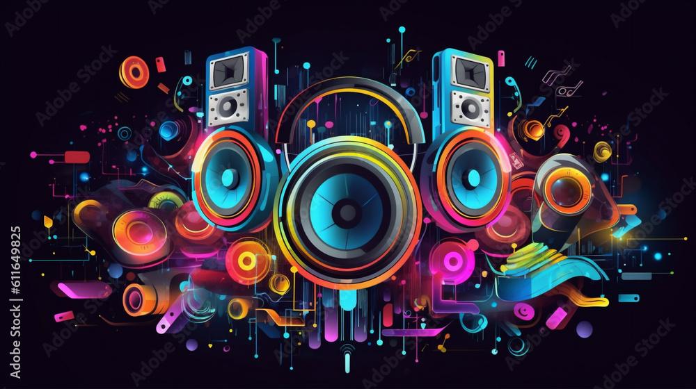 Obraz premium Sound Multimedia Soundsystem HiFi Membran Membrans abstrakt bunt im 16:9 Format. Generative Ai.