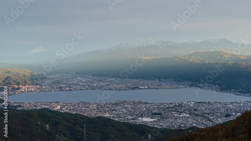 諏訪湖と富士山の夕焼けから夜景へのタイムラプス