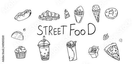 Hand vector illustration - Fast Food (hot dog, hamburger, fries, pizza, wok, donut, taco, nachos, burrito, muffin, bubble tea, croissant). suitable for menus, maps, blogs, banners