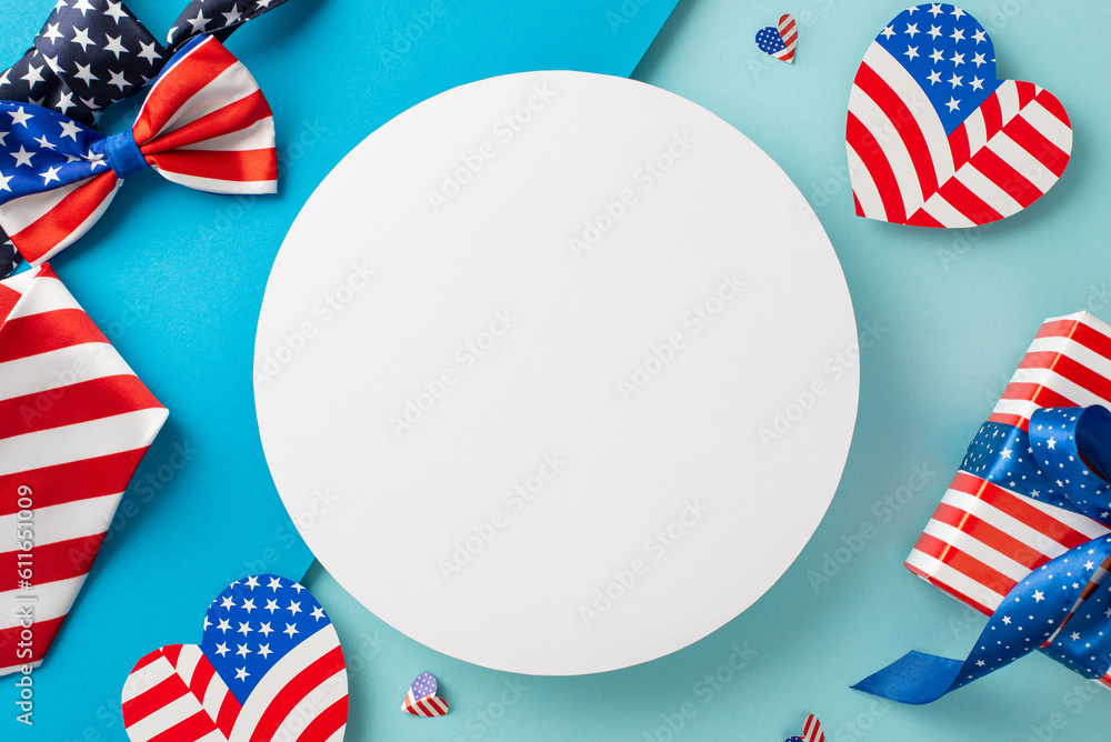 Obraz premium USA Unity Day imaginative greetings. Top view of symbolic items: tie, bow-tie, hearts featuring flag design, giftbox wrapped in thematic style, pastel blue backdrop with empty circle for text or ad