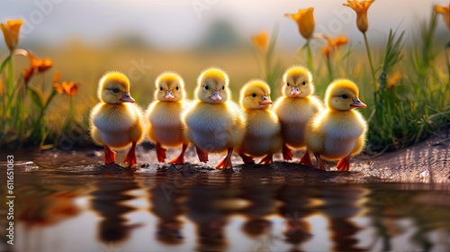 A group of adorable ducklings waddling in a row, depicting the charm of farmyard animals. Generative ai.