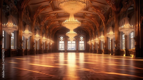 Elegant ballroom adorned with sparkling chandeliers. Generative ai. © MADMAT