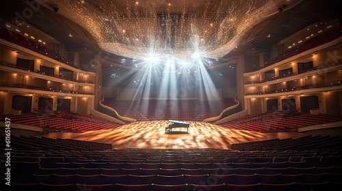 Empty concert hall awaiting the arrival of a symphony orchestra. Generative ai.