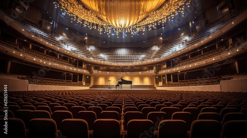 Empty concert hall awaiting the arrival of a symphony orchestra. Generative ai.