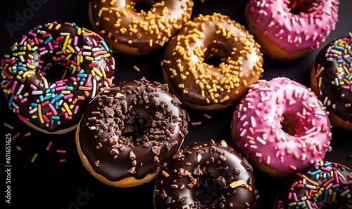 Colorful donuts on black background for copy space