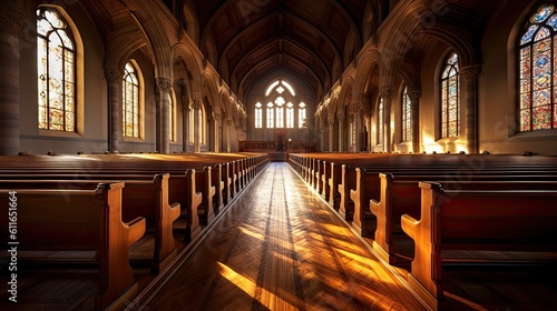 Quiet church, its pews waiting to be filled by worshippers. Generative ai.