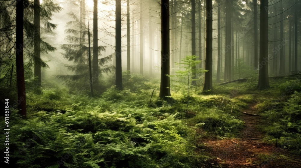 Obraz premium Serene forest clearing enveloped in mist. Generative ai.