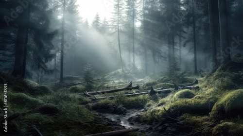 Serene forest clearing enveloped in mist. Generative ai.