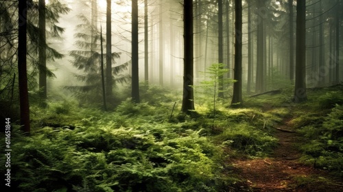 Serene forest clearing enveloped in mist. Generative ai.