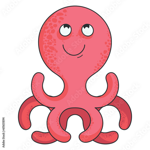 Smiling pink octopus, cartoon octopus with short tentacles, flat style