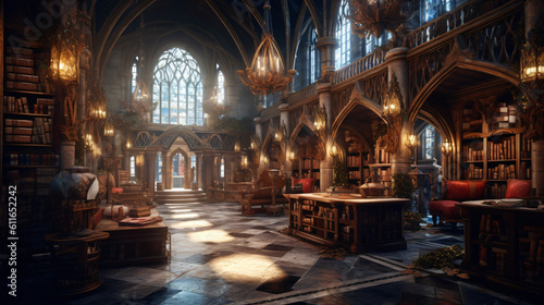 Fantasy library in cozy cathedral environment