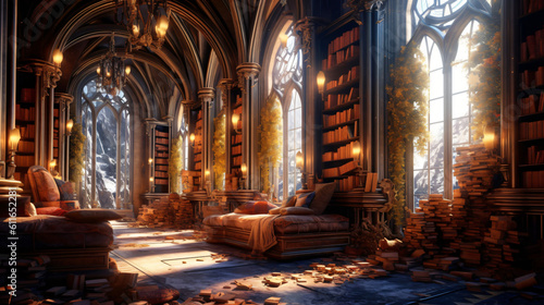 Fantasy library in cozy cathedral environment