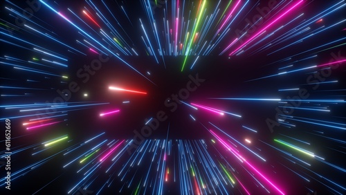 3d render, abstract colorful background. Bright neon tracing path, star tracks and glowing lines. The square shape black hole and the meteor shower