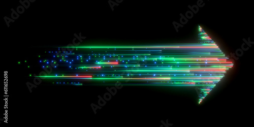 Photography 3d render, abstract neon arrow with fading tail