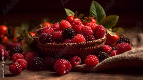 Group of red raspberry in basket studio shot.