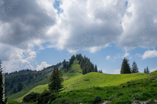 Green landscape with summit and clouds