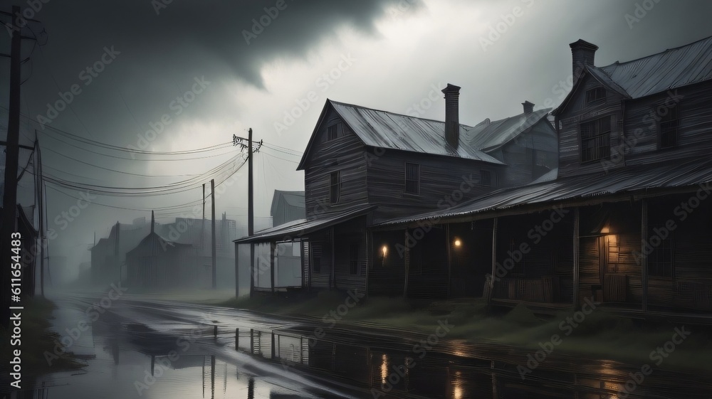 An eerie ghost town with rain and thunder, a haunted town, Halloween concept. Generative AI.