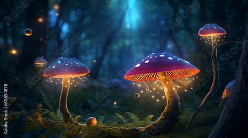 Glowing mushroom lamps with fireflies