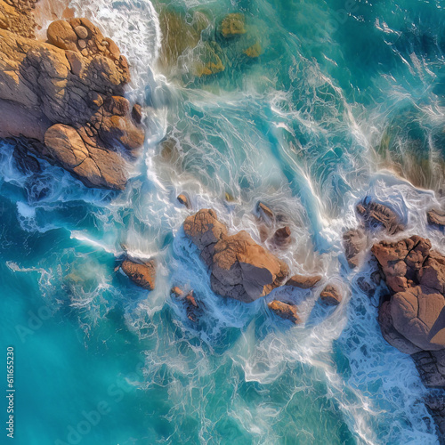 Oceanic Majesty: Aerial View of Waves Clashing Against Majestic Cliffside Rocks