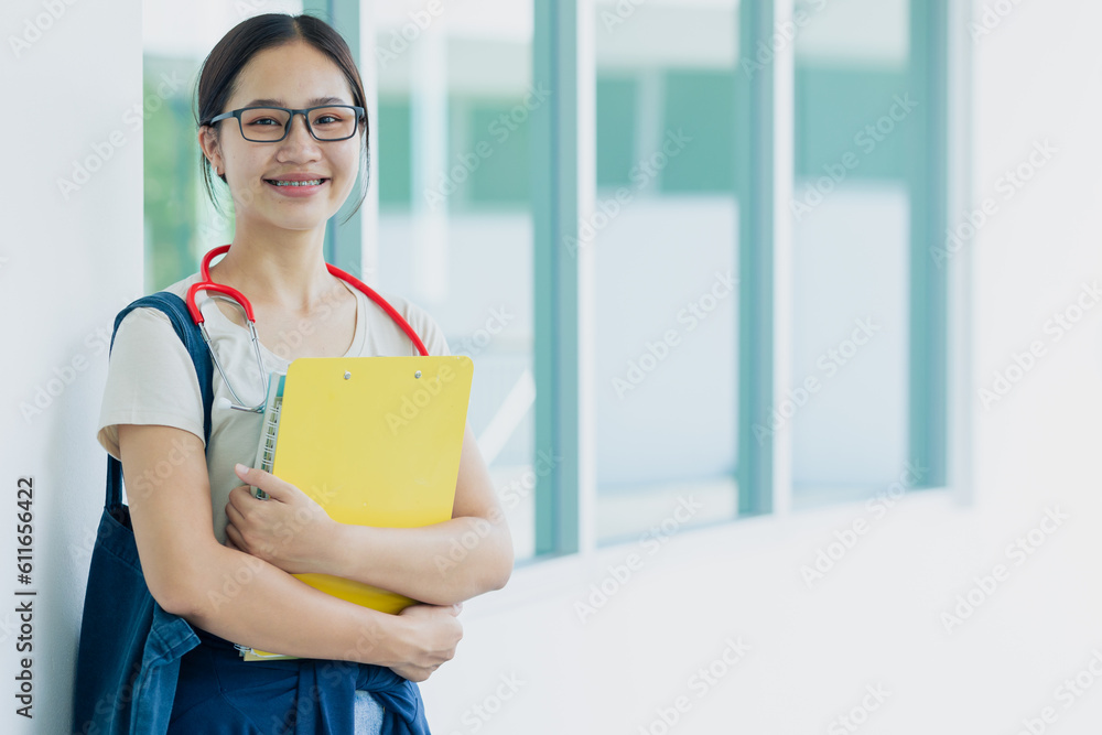 Happy doctor medical university teen girl student in school campus enjoy study education Asian woman. Happy doctor medical university teen girl student in school campus enjoy study education Asian woman.