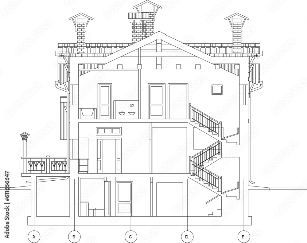 ector sketch illustration of a section classic vintage 2 storey old house building in the royal century