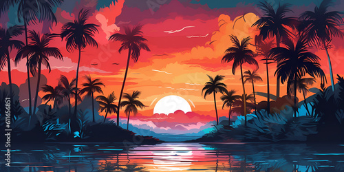 landscape beach palm trees with setting of sun art with paint colors peaceful tropical scenery background