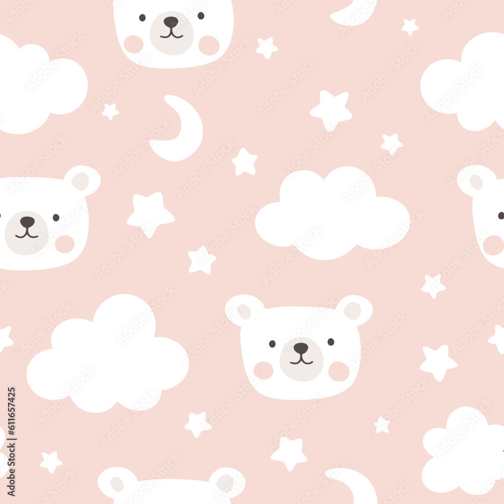Polar bear on a pastel pink background in the sky with stars and clouds, kids cute animals woodland seamless pattern for wrapping paper, fabric and textile print Polar bear on a pastel pink background in the sky with stars and clouds, kids cute animals woodland seamless pattern for wrapping paper, fabric and textile print