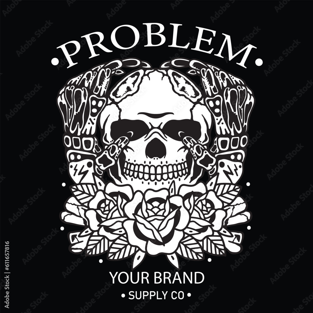 lots of trouble and flower dizzy skull Vecktor design illustration for t-shirt and branding