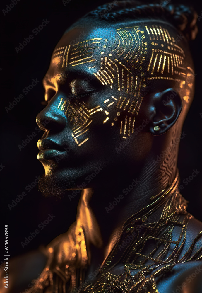 A close up of a person with gold paint on their face. Generative AI. African model with futuristic face paint. A close up of a person with gold paint on their face. Generative AI. African model with futuristic face paint.