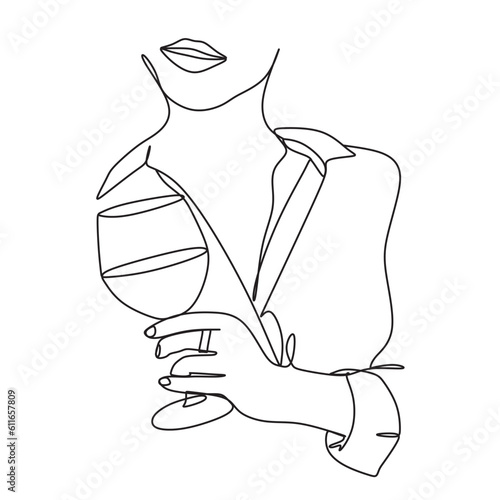 Romantic woman with a glass of wine. One Line vector Art. Wine Glass. 