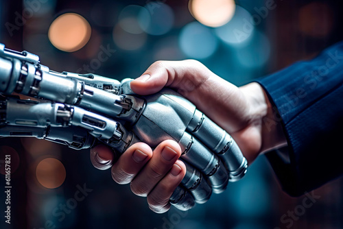 Fotografiet Business handshake between robot and human partners or friends